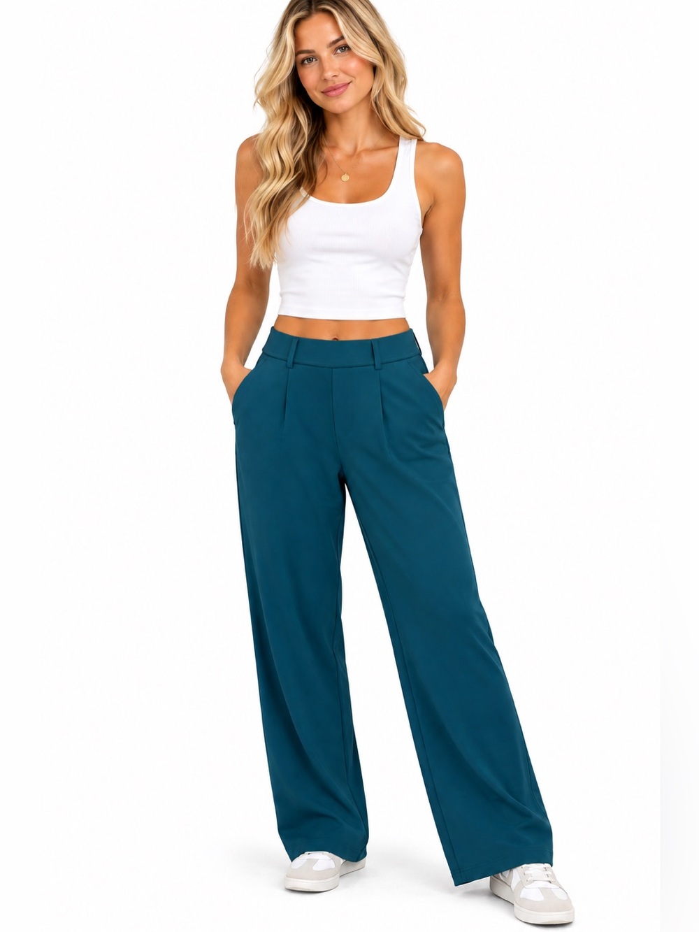 Halara Wide Leg High-Rise Pull On Teal Trouser Pants Size Large Womens